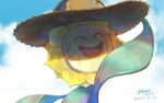  closed_eyes clouds commentary_request dated day gen_2_pokemon hat hatted_pokemon no_humans null_suke one-hour_drawing_challenge open_mouth outdoors pokemon pokemon_(creature) signature sky smile solo straw_hat sunflora tongue 