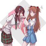  2girls blue_eyes blush brown_hair closed_eyes commentary_request from_side glasses green_neckwear hand_kiss hand_on_hip heart highres hollomaru kiss long_hair looking_away low_twintails makinami_mari_illustrious multiple_girls necktie neon_genesis_evangelion orange_hair plaid plaid_skirt rebuild_of_evangelion red-framed_eyewear school_uniform shikinami_asuka_langley shirt short_hair skirt smile souryuu_asuka_langley squiggle sweat twintails white_shirt yuri 