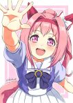  1girl animal_ears arm_up bow flower_in_eye fuusuke_(fusuke208) hair_bow hair_intakes haru_urara_(umamusume) headband highres horse_ears horse_girl horse_tail long_hair looking_at_viewer open_mouth outstretched_arm outstretched_hand pink_eyes pink_hair ponytail purple_shirt ribbon school_uniform serafuku shirt short_sleeves skirt smile solo symbol-shaped_pupils symbol_in_eye tail umamusume upper_body white_skirt 