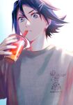  1boy backlighting blue_eyes blue_hair cup disposable_cup drinking drinking_straw_in_mouth freyja_wion graphic_shirt grey_shirt hair_ornament hairclip hayate_immelmann highres holding holding_cup looking_down macross macross_delta male_focus mosako shirt solo 
