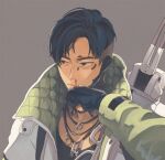  1boy apex_legends black_eyes black_gloves black_hair blood collarbone crypto_(apex_legends) cyborg gloves green_sleeves grey_jacket jacket jewelry looking_to_the_side male_focus momonga_(mmng5) necklace nosebleed partially_fingerless_gloves solo wiping_face 
