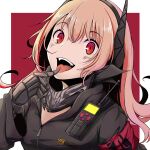  1girl absurdres armband blonde_hair border character_name fan finger_to_tongue girls_frontline hair_ornament headgear highres long_hair looking_at_viewer m4_sopmod_ii_(girls_frontline) mechanical_arms multicolored_hair noredji prosthesis prosthetic_arm red_background red_eyes redhead single_mechanical_arm smile solo streaked_hair upper_body walkie-talkie white_border 