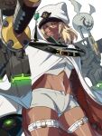  1girl bandages bangs belt cape dark_skin dark-skinned_female guilty_gear guilty_gear_strive hair_between_eyes highres huge_weapon long_hair looking_at_viewer looking_down midriff navel orange_eyes platinum_blonde_hair ramlethal_valentine short_shorts shorts simple_background solo sword thick_thighs thigh_strap thighs tina_fate weapon white_background white_cape 
