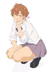 1girl :q absurdres black_shoes blush bow bowtie brown_hair closed_mouth commentary_request earrings full_body hair_ornament hairclip highres jewelry kokuya_(kokuya28) loafers looking_at_viewer original piercing pleated_skirt purple_bow purple_bowtie purple_skirt school_uniform shirt shoes short_hair simple_background skirt sleeves_rolled_up smile socks solo squatting tomboy tongue tongue_out v white_background white_shirt white_socks x_hair_ornament 