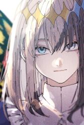  1boy black_hair blue_eyes butterfly_wings close-up crown diamond_hairband dual_persona fate/grand_order fate_(series) high_collar highres insect_wings medium_hair oberon_(fate) oberon_(first_ascension)_(fate) oberon_(third_ascension)_(fate) roku_(ntbr_fate) solo split_theme white_hair wings 
