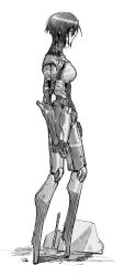  1girl android commentary_request elster_(signalis) from_side full_body greyscale gun highres holding holding_gun holding_weapon jeonjin_(mynamebazin) korean_commentary looking_ahead monochrome profile short_hair signalis simple_background skin_seams solo standing weapon white_background 