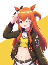  1girl :d ;d absurdres animal_ears arm_up belt blush bomber_jacket bow breasts brown_ribbon commentary_request cowboy_shot crop_top denki_blanco dog_tags ear_bow ear_ribbon green_belt green_jacket hand_up highres horse_ears horse_girl horse_tail jacket long_hair long_sleeves looking_at_viewer mayano_top_gun_(scramble_zone)_(umamusume) mayano_top_gun_(umamusume) midriff navel one_eye_closed open_clothes open_jacket open_mouth orange_eyes orange_hair orange_tail ribbon salute shirt shorts small_breasts smile solo stomach tail two-tone_background two_side_up umamusume v-shaped_eyebrows white_background white_shorts yellow_background yellow_shirt 