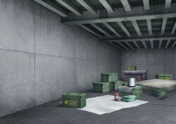  ammunition_box blue_archive box ceiling concrete_wall crate game_asset grey_theme indoors industrial kettle mattress no_humans non-web_source official_art scenery shelf steel_beam thermos under_bridge 