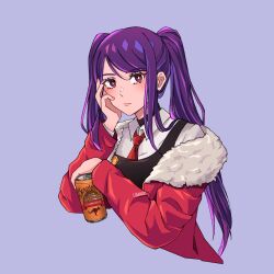  1girl alcohol beer beer_can bright_pupils can character_request closed_mouth collared_shirt commentary cropped_torso diamond-shaped_pupils diamond_(shape) drink_can english_commentary eyelashes fingernails fur-trimmed_jacket fur_trim hand_on_own_face head_rest highres holding holding_can jacket kelico_studio lips long_hair long_sleeves necktie open_clothes open_jacket purple_background purple_hair red_eyes red_jacket red_necktie shirt simple_background single_off_shoulder solo symbol-shaped_pupils twintails va-11_hall-a white_pupils white_shirt 