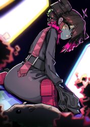  1girl absurdres ahoge alternate_hair_color ass belt belt_buckle black_background black_hair black_robe buckle cassock commentary_request cult_(utau) dark dot_pupils drill_hair from_behind highres kasane_teto kyuu_&amp;_ei_(utau) looking_at_animal looking_back mouse_(animal) multicolored_hair on_ground open_window pink_hair red_eyes red_pupils red_shoes robe shoe_soles shoes sitting solo stole twin_drills two-tone_hair utau wariza window yain 
