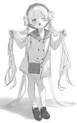  1girl absurdly_long_hair alt_text bag bare_arms beret blush commentary double_bun dress english_commentary frilled_socks frills full_body greyscale hair_bun handbag hat highres holding_own_dress leviathan_(hikinito0902) loafers long_hair mixed-language_commentary monochrome one_eye_closed open_mouth original pink_eyes sailor_collar sailor_dress shoes short_dress simple_background sleeveless sleeveless_dress socks solo spot_color standing twintails very_long_hair 