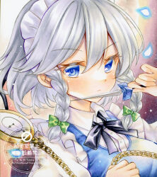  1girl black_ribbon blue_dress blue_eyes blue_petals bow braid chain closed_mouth collared_shirt commentary dress falling_petals glowing glowing_petals gold_chain green_bow grey_hair hair_bow highres holding holding_knife holding_pocket_watch izayoi_sakuya knife long_hair maid maid_headdress neck_ribbon nekofish666 petals pinafore_dress pocket_watch ribbon shirt sleeveless sleeveless_dress solo touhou traditional_media twin_braids upper_body watch watermark white_shirt 