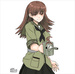  1girl adapted_turret black_neckerchief brown_eyes brown_hair commentary_request flipped_hair green_sailor_collar green_serafuku green_shirt green_skirt highres kantai_collection looking_at_viewer neckerchief one-hour_drawing_challenge ooi_(kancolle) poro_(poronoko) sailor_collar sailor_shirt school_uniform serafuku shirt simple_background skirt smile solo white_background 