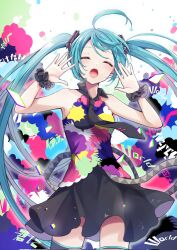  1girl ahoge black_scrunchie blue_hair blush closed_eyes collared_shirt commentary_request cowboy_shot facing_viewer hands_up hatsune_miku highres long_hair nagitofuu necktie open_mouth scrunchie shirt skirt sleeveless sleeveless_shirt solo song_name standing tell_your_world_(vocaloid) thigh-highs twintails very_long_hair vocaloid wrist_scrunchie 