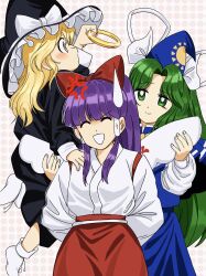  3girls ^_^ absurdres arms_behind_back black_dress blonde_hair blue_capelet blue_hat blue_shirt blue_skirt bow capelet closed_eyes closed_mouth comedic_sweatdrop commentary_request dress green_eyes green_hair hair_bow hakama hakurei_reimu hakurei_reimu_(pc-98) hand_on_another's_shoulder hand_on_another's_wing hat hat_bow highres japanese_clothes kirisame_marisa long_hair long_sleeves miko mima_(touhou) multiple_girls purple_hair red_bow red_hakama shirt skirt smile socks sun_print touhou touhou_(pc-98) turtle-kun very_long_hair white_socks wings witch_hat wizard_hat yellow_eyes 