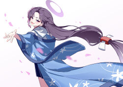  1girl absurdres bare_legs blue_archive blue_haori blue_skirt chinese_commentary commentary_request cowboy_shot falling_petals from_side hair_ornament halo haori highres japanese_clothes long_hair looking_at_viewer open_mouth outstretched_arm petals purple_hair purple_halo school_uniform serafuku shanqianqian_377 simple_background skirt solo standing turning_head violet_eyes white_background white_serafuku yukari_(blue_archive) 