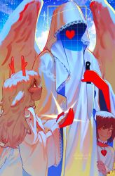  1girl 2others altades_art angel angel_wings animal_ears blonde_hair brown_hair chara_(undertale) colored_extremities commentary deer_ears deltarune english_commentary furry furry_female halo heart heart_necklace highres holding holding_hands holding_knife hood hood_up hooded_robe horns jewelry knife long_hair multiple_others necklace noelle_holiday red_eyes red_hands red_horns red_soul_(utdr) ring robe signature soul_(utdr) thorn_ring_(deltarune) undertale utdr_(toby_fox) weird_route_(deltarune) white_robe white_wings wings 