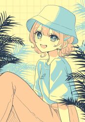  1girl :d arm_support artist_name blue_eyes blush bucket_hat commentary_request double_bun feet_out_of_frame from_side grid_background hair_bun hair_ornament hairclip hat hatching_(texture) highres knees_up linear_hatching looking_at_viewer looking_to_the_side open_mouth original pants pink_hair pink_pants plant rino_cnc shirt short_hair short_sleeves sidelighting simple_background sitting smile solo t-shirt teeth turning_head twitter_username upper_teeth_only white_hat white_shirt yellow_background 