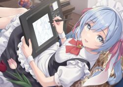  1girl apron black_dress blue_hair blurry blurry_background bow breasts commentary_request drawing_(action) drawing_tablet dress emiriel food fruit grey_eyes hair_ribbon highres holding holding_drawing_tablet holding_stylus long_hair looking_at_viewer maid maid_apron maid_headdress medium_breasts original pink_ribbon red_bow ribbon shirt short_sleeves sitting smile solo stylus table twintails waist_apron white_apron white_shirt white_wrist_cuffs wrist_cuffs 