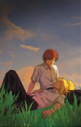  2boys absurdres alternate_costume asymmetrical_bangs belt black_pants closed_mouth clouds commentary_request deidara_(naruto) expressionless high_ponytail highres implied_yaoi long_hair looking_at_another lying male_focus multiple_boys naruto_(series) naruto_shippuuden oishiiudon1240 on_back outdoors pants parted_lips ponytail sasori_(naruto) shirt short_hair sky sleeping sleeping_on_person star_(sky) sunset white_shirt 