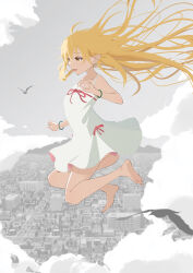  1girl absurdres bare_shoulders barefoot bird blonde_hair city clouds dress feet flying highres long_hair monogatari_(series) open_mouth oshino_shinobu pointy_ears simple_background smile user_negk4785 white_dress yellow_eyes 