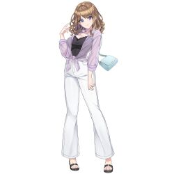  1girl arm_at_side bag black_sandals black_shirt breasts brown_hair closed_mouth dolphin_wave full_body game_asset highres holding holding_bag large_breasts looking_at_viewer medium_hair non-web_source official_alternate_costume official_alternate_hairstyle official_art ootomo_takuji pants purple_shirt sandals see-through_clothes see-through_shirt self-datamine shirt smile solo suminoe_shion violet_eyes white_pants wig 