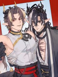  2boys arknights arm_around_another's_waist artist_name brothers chongyue_(arknights) closed_mouth clothing_request commentary dragon_boy dragon_horns dragon_tail heterochromia highres horns jiolaspy looking_at_viewer male_focus multicolored_hair multiple_boys muscular muscular_male pectorals pointy_ears ponytail shirt siblings sleeveless sleeveless_shirt smile tail twitter_username wang_(arknights) white_shirt 