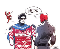  arsenal_(dc) batman_(series) batman_symbol belt bodysuit dc_comics dick_grayson domino_mask eye_mask grey_bodysuit jason_todd jjmk-jjmk mask multicolored_bodysuit muscular muscular_male nightwing red_bodysuit red_hood_(dc) red_hood_and_the_outlaws red_mask roy_harper 
