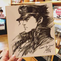  1boy art_tools_in_frame artist's_hand_in_frame chain closed_mouth commentary english_commentary from_side hat male_focus marker_(medium) monochrome peaked_cap photo_(medium) portrait shikishi short_hair signature sketch solo stanley_lau thank_you traditional_media 