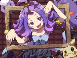  1girl :d acerola_(pokemon) armlet blush brown_background commentary_request dress drifloon gengar grey_eyes hair_ornament hairclip hands_up highres jewelry long_hair looking_at_viewer mimikyu open_mouth pokemon pokemon_(creature) pokemon_sun_and_moon purple_hair rubille_(wmpt2737) short_sleeves smile stitches topknot 