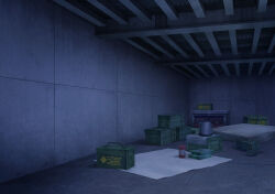  ammunition_box blue_archive box ceiling concrete concrete_wall crate dark_room game_asset indoors industrial kettle mattress night no_humans non-web_source official_art scenery shelf steel_beam thermos under_bridge variant_set 