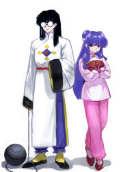  1boy 1girl absurdres ball_and_chain_(weapon) black_hair bow chinese_clothes crossed_arms glasses hair_bow highres ideyk1 long_hair mousse_(ranma_1/2) pants pink_pants purple_hair ranma_1/2 shampoo_(ranma_1/2) simple_background weapon white_background white_bow wide_sleeves 