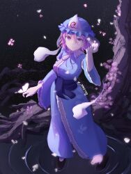 1girl absurdres artist_name blue_hat blue_kimono breasts bug butterfly butterfly_on_hand commentary commission english_commentary falling_petals frilled_kimono frills full_body hat highres hitodama japanese_clothes kimono long_sleeves looking_at_viewer medium_breasts medium_hair mob_cap neck_ribbon outdoors petals pink_butterfly pink_eyes pink_hair ribbon ripples saigyouji_yuyuko sleeve_garter solo touhou tree triangular_headpiece water wide_sleeves x_ppresso 