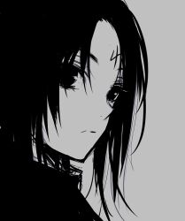 1boy androgynous bishounen closed_mouth commentary_request facial_mark fire_emblem fire_emblem:_path_of_radiance forehead_mark male_focus mana_(tonyandtony) medium_hair monochrome solo soren_(fire_emblem) 
