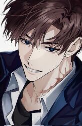  1boy aegyo_sal agent_choi aqua_pupils black_shirt blue_eyes blue_jacket brown_hair collared_shirt commentary_request crew_neck fang gwechul hair_between_eyes highres jacket korean_commentary looking_at_viewer male_focus on41035 parted_bangs portrait scar scar_on_neck shirt shirt_under_shirt short_hair simple_background smile solo white_background white_shirt 