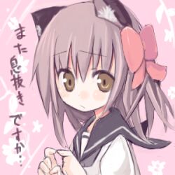  1girl amakaze_sora animal_ear_fluff animal_ears black_sailor_collar bow brown_eyes brown_hair cat_ears closed_mouth commentary_request hair_bow hands_up lowres original pink_background pink_bow sailor_collar school_uniform serafuku shirt solo translation_request upper_body white_shirt 