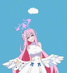  1girl absurdres blue_archive blue_background clouds commentary_request cowboy_shot crescent_wing_ornament dress feathered_wings grin hair_bun half-closed_eyes halo happy head_tilt highres ice_dead_ice korean_commentary long_hair mika_(blue_archive) pink_hair pink_halo simple_background single_side_bun sleeveless sleeveless_dress smile solo straight-on white_dress white_wings wing_ornament wings 