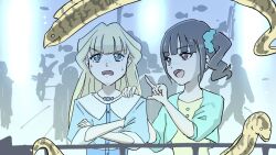  2girls against_railing air_bubble aqua_jacket aqua_scrunchie aquarium bead_necklace beads black_hair blonde_hair blue_dress blue_eyes blunt_bangs brown_eyes bubble buttons casual choppy_bangs collared_dress commentary_request contrast_collar cropped_jacket crossed_arms dress eyelashes fingernails furrowed_brow hair_ornament hair_scrunchie hand_on_another's_shoulder happy highres indoors jacket jewelry key_goto_dapic long_sleeves looking_at_animal looking_at_another moray_eel multiple_girls necklace nekoyashiki_mayu nekoyashiki_yuki nervous_smile nervous_sweating open_clothes open_jacket people pointing precure railing scared scrunchie short_hair short_side_ponytail side_ponytail sleeve_cuffs smile sweat three-quarter_sleeves turn_pale underwater_shot upper_body wavy_hair wonderful_precure! yellow_dress 