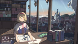  1girl absurdres alice_margatroid artist_name bird blonde_hair blue_dress blush book bookshelf building c2215721819 capelet chinese_commentary city closed_mouth commentary_request dated day desk dress hairband highres indoors looking_at_viewer open_book puffy_short_sleeves puffy_sleeves red_hairband shadow short_sleeves smile solo touhou white_bird white_capelet window yellow_eyes 