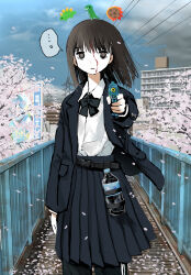  ... 1girl absurdres aiming aiming_at_viewer arm_at_side belt black_belt black_bow black_bowtie black_jacket black_skirt blazer bleeding blood blood_from_forehead blue_sky bottle bow bowtie bridge brown_eyes brown_hair building cherry_blossoms city collared_shirt commentary_request day dress_shirt falling_petals feet_out_of_frame floating_hair giba_ryan highres holding holding_water_gun holster jacket lapels long_sleeves looking_at_viewer medium_hair original outdoors pants pants_under_skirt parted_lips pedestrian_bridge petals pleated_skirt power_lines shirt shirt_tucked_in skirt sky solo spoken_ellipsis standing staring track_pants transmission_tower tree water_bottle water_gun 