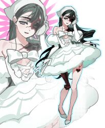  1girl absurdres alien_stage bandana bare_shoulders black_hair bow chest_bow chinese_commentary commentary_request dress elbow_gloves exposed_bone gloves hand_on_headset headset heart highres lolo_(myon_creative) long_hair microphone open_mouth shoes smile solo strapless strapless_dress sua_(alien_stage) sua_(zombie_stage) very_long_hair white_bandana white_bow white_dress white_gloves white_shoes zombie_stage zoom_layer 