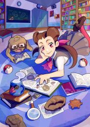  1girl analog_clock anorith arrow_(symbol) ascot book box brown-framed_eyewear brown_eyes brown_hair brown_shoes cabinet cardboard_box claw_fossil clock closed_mouth collared_shirt commentary cup dress english_commentary evolution_stone eyelashes feet_up fossil full_body geodude glasses globe golem_(pokemon) graph grey_dress hair_ribbon hand_on_own_face head_rest high_heels highres holding holding_book indoors ladder lips long_hair lying magnifying_glass mug nosepass on_stomach open_book open_mouth pants paper pie_chart pinafore_dress poke_ball poke_ball_(basic) pokedex pokemon pokemon_omega_ruby_and_alpha_sapphire poster_(object) reading red_ascot red_eyes red_pants red_ribbon ribbon root_fossil roxanne_(pokemon) rug semi-rimless_eyewear shirt shoes sleeveless sleeveless_dress smile soanjaconnac steam stone_badge sun_stone_(pokemon) themed_object twintails wall_clock white_shirt 