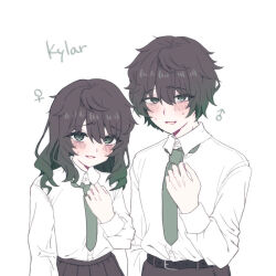  1boy 1girl arm_at_side bags_under_eyes belt black_belt black_hair blush buttons character_name collared_shirt curled_fingers degrees_of_lewdity dress_shirt flat_chest flustered from_side furrowed_brow gradient_hair green_eyes green_necktie hair_between_eyes hand_up hands_on_own_chest high-waist_pants high-waist_skirt highres kylar_(degrees_of_lewdity) kylar_(female)_(degrees_of_lewdity) kylar_(male)_(degrees_of_lewdity) long_sleeves looking_at_viewer mars_symbol medium_hair multicolored_hair necktie nervous_smile nervous_sweating open_mouth pants school_uniform shirt short_hair simple_background skirt slouching smile sweat sweatdrop upper_body user_fpah4484 wavy_hair white_background white_shirt 
