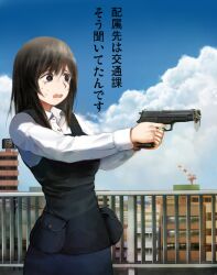  1girl aiming black_eyes black_vest blue_sky brown_hair bug cicada city clouds cloudy_sky collared_shirt commentary_request cowboy_shot crying crying_with_eyes_open day distress furrowed_brow giba_ryan gun handgun holding holding_gun holding_weapon long_hair on_rooftop original outdoors outstretched_arms police police_uniform policewoman railing shirt sky solo standing sweat tears translation_request vest weapon white_shirt 