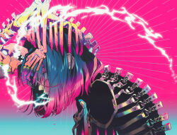  1girl akiakane bent_over black_jacket blood blood_drip blood_on_face blue_background blue_eyes blue_hair blue_necktie breath_weapon breathing_lightning chest_harness colored_blood colored_tips colorful commentary english_commentary ghost glowing gradient_background gradient_hair harness highres horror_(theme) jacket leaning_forward long_sleeves missing_tooth multicolored_eyes multicolored_hair necktie neon_palette open_mouth original pink_background pink_blood pink_hair pink_jacket pink_necktie ribs saturated short_hair skeletal_hand skull solo spine two-tone_hair upper_body violet_eyes 