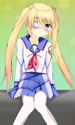  1girl alternate_costume angel_beats! arms_at_sides blonde_hair blue_eyes blue_sailor_collar blue_skirt blush closed_mouth commentary company_connection eyepatch feet_out_of_frame green_background key_(company) knees_together_feet_apart lelie_(lelie_link) long_hair long_sleeves looking_at_viewer medical_eyepatch miniskirt nakatsu_shizuru neckerchief one_eye_covered pantyhose pink_neckerchief pleated_skirt rewrite sailor_collar sailor_shirt school_uniform serafuku shinda_sekai_sensen_uniform shirt sidelocks simple_background sitting skirt smile solo split_mouth straight_hair twintails very_long_hair white_pantyhose white_shirt 