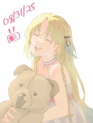  1girl :d bare_shoulders birthday black_ribbon blonde_hair blue_hair character_logo commentary dated dress gradient_hair hair_ribbon long_hair love_live! love_live!_hasu_no_sora_jogakuin_school_idol_club multicolored_hair open_mouth osawa_rurino osawa_rurino_(18th_birthday) porari ribbon simple_background smile solo strapless strapless_dress stuffed_animal stuffed_dog stuffed_toy teeth upper_teeth_only very_long_hair virtual_youtuber white_background white_dress 
