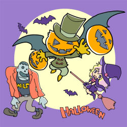  1girl 2boys black_shirt black_shoes black_socks boots broom broom_riding brown_hat brown_shirt capelet chibi commentary_request dress frankenstein frankenstein's_monster gloves grey_pants halloween hat jack-o'-lantern jacket kabiinyo_(kab) multiple_boys open_clothes open_jacket orange_jacket original pants purple_boots purple_capelet purple_dress purple_gloves purple_hat shirt shoes socks stitches top_hat witch witch_hat yellow_gloves yellow_shoes 
