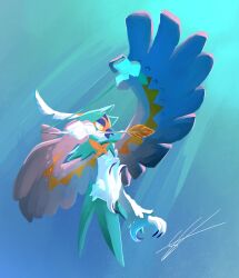  arrow_(projectile) commentary decidueye from_side full_body highres holding holding_arrow likey no_humans open_mouth pokemon pokemon_(creature) pokemon_focus signature solo talons yellow_eyes 