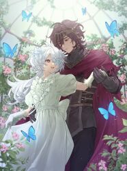  1boy 1girl artist_request back_bow behind_another belt bib_collar black_gloves black_pants blue_butterfly borrowed_character bow brown_belt brown_hair bug butterfly cape closed_mouth collar commission couple cowboy_shot day dress expressionless flat_chest flower foliage frilled_collar frills gloves gorget greenhouse hair_between_eyes hair_flower hair_ornament hair_over_one_eye hand_on_another's_hip hand_up happy height_difference highres holding_hands holding_own_dress indoors jellyfish_cut light_particles long_dress long_hair looking_at_another medium_hair one_eye_covered open_mouth original overlighting pants pink_flower plant puffy_short_sleeves puffy_sleeves red_cape red_eyes sash second-party_source short_sleeves side_part skeb_commission smile standing sunlight torn_cape torn_clothes two_side_up violet_eyes visor_(armor) white_dress white_flower white_gloves white_hair white_sash wolf_cut 